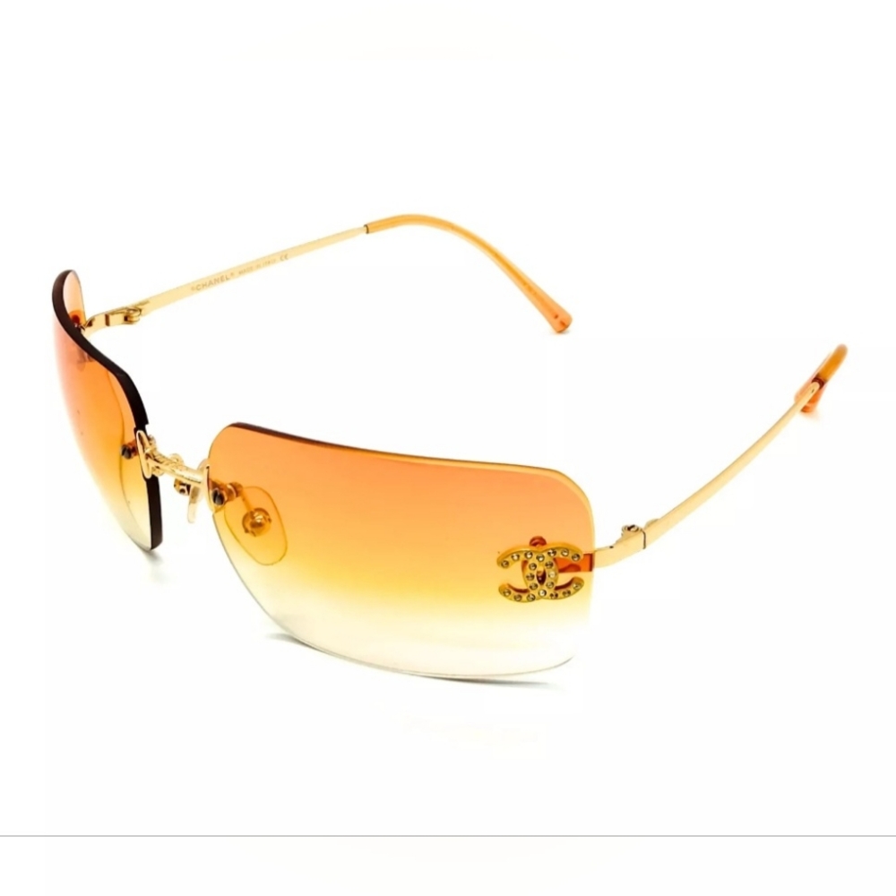 Rare Chanel Y2K Rimless  Yellow Rhinestones Gradient Tint sunglasses.